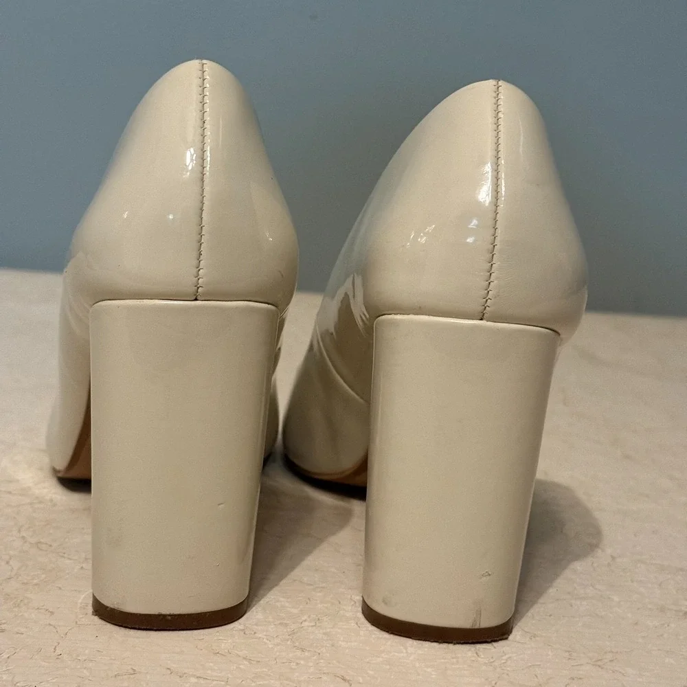 ZARA Trafaluc Block Heel Pumps Patent‎ Ivory White Size 38 US 7.5–8 S